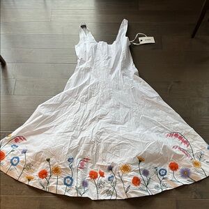 STAUD White Midi Wells Dress with Multicolor Embroidered Floral Details